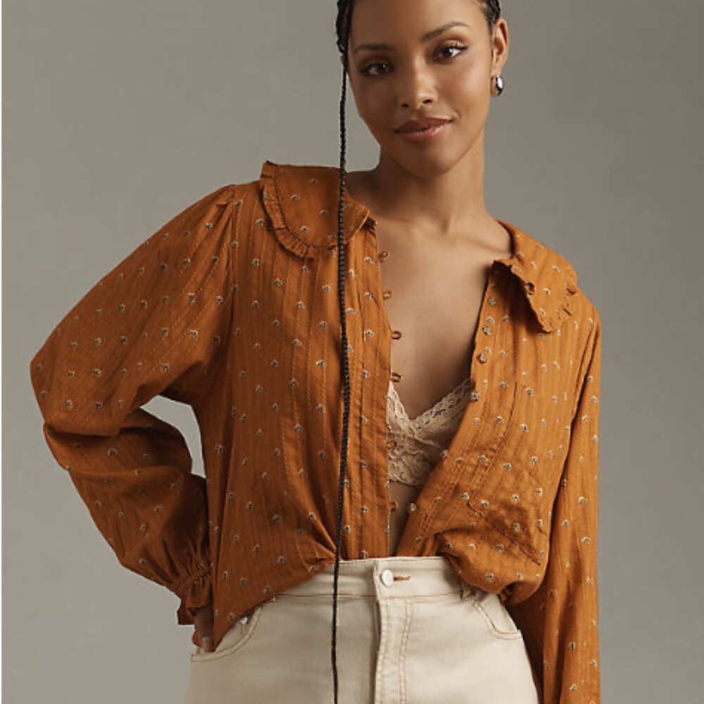 Pilcro Mustard Blouse with Subtle Embroidery